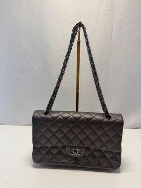 CHANEL Quilted Double Flap Shoulder Bag in Gray